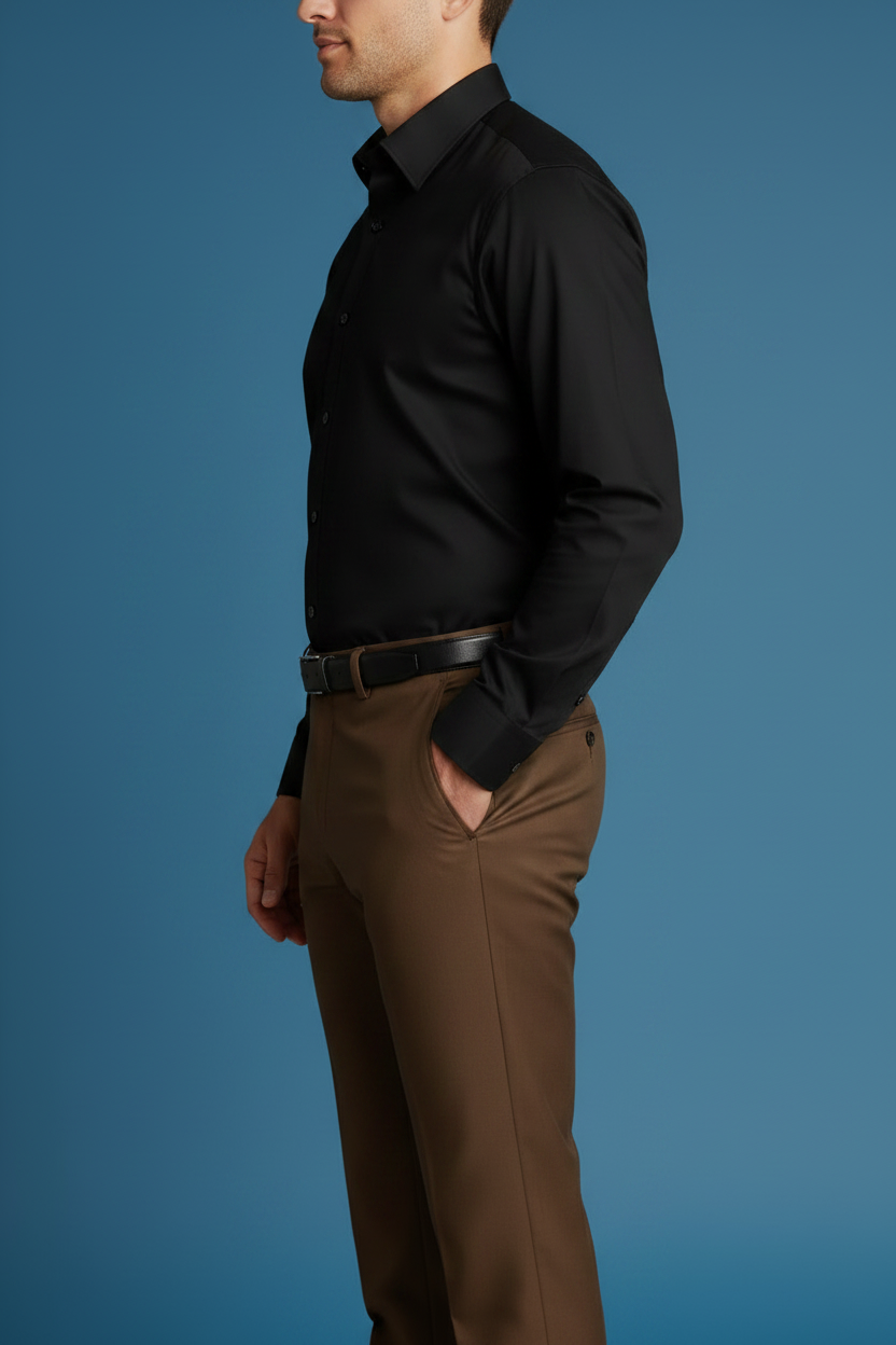 Black Shirt Brown Pants - Side Angle
